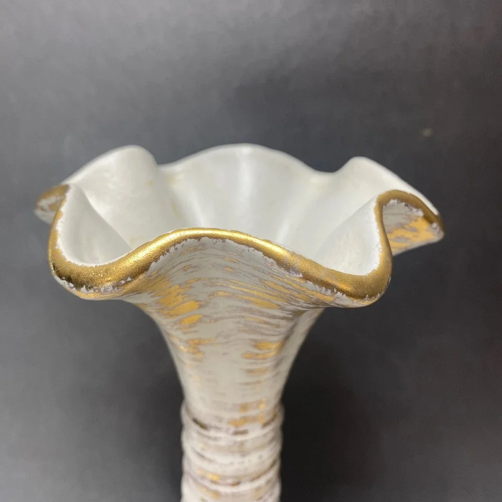 VTG Royal Haeger 4043 Gold Tweed Vase Textured Gold Accent White‎ Ceramic 13